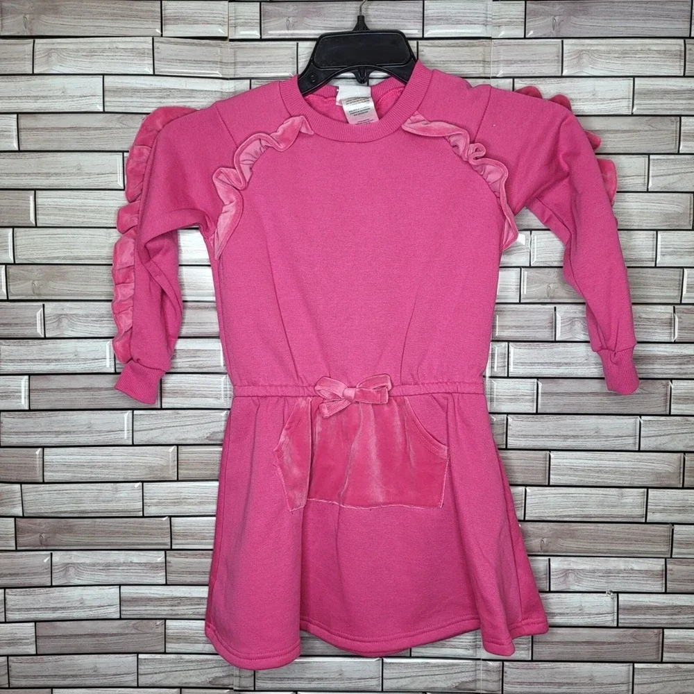 New Blueberi Girls Dress Size 7 Pink Long Sleeve Outfit Ruffles Top Pocket‎